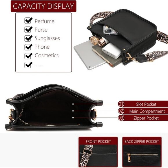 Women's Crossbody Shoulder Bag with Leopard Guitar Strap,Vegan Faux Leather Purs - Picture 4 of 9